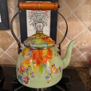 MacKenzie-Childs Flower Market Tea Kettle Green 2 Quart Enamel